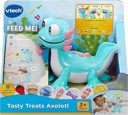 VTech Tasty Treats Axolotl, brinquedo interativo para crianças com reações divertidas, 8 lanches fingidos e músicas e frases educativas, presente para crianças de 3, 4, 5 anos ou mais, versão em inglês