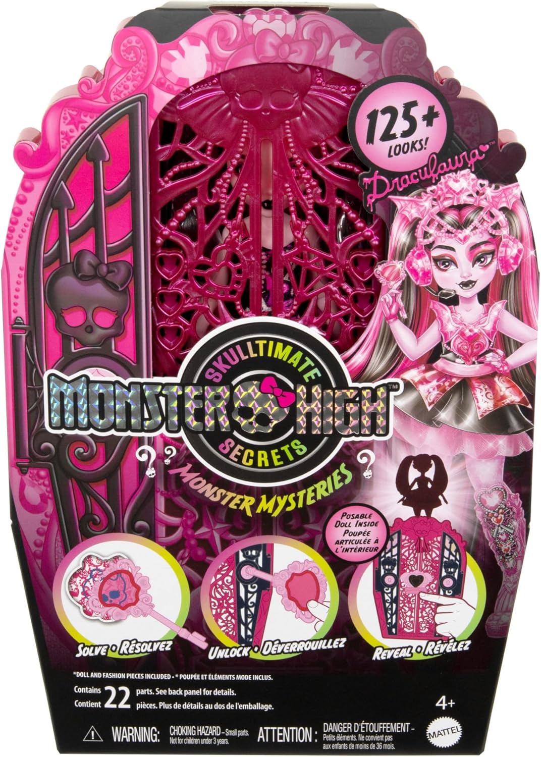 Monster High Conjunto de bonecas e acessórios Skulltimate Secrets, Monster Mysteries Draculaura com armário de vestir e mais de 19 surpresas, incluindo roupas de boneca, HXH84