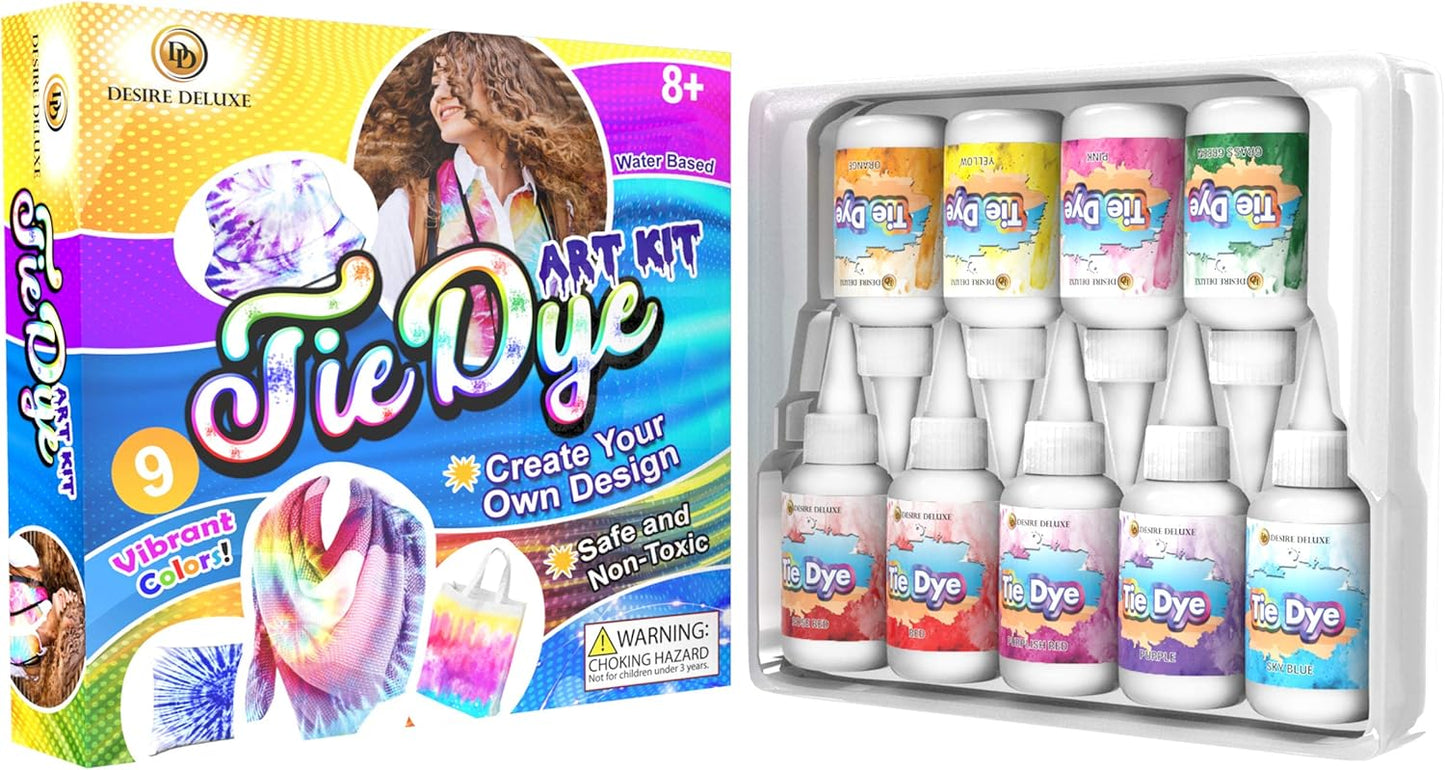 Deluxe Desire Kit Tie Dye – Conjunto de 9 cores de tinta para tingir tecidos, roupas – Kits de Tie Dye de artesanato criativo Jogos de atividades para adultos e crianças