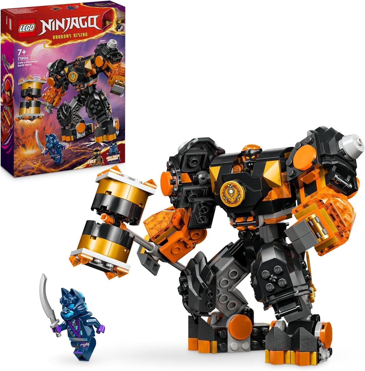 LEGO NINJAGO Cole's Elemental Earth Mech, brinquedo de boneco de ação, conjunto de construção Dragons Rising com personagem ninja Cole minifigura, presente para meninos, meninas e crianças de 7 anos ou mais 71806