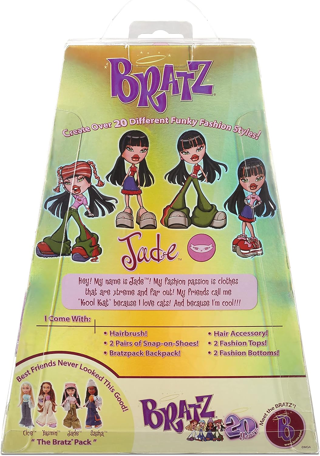 Bratz 20 Yearz Special Edition Original Fashion Doll Jade - Embalagem holográfica e pôster - Motivo 20 Yearz, Fan Fave Rerelease 2001 Réplica - Inclui 2 roupas, sapatos, etc., 9 x 9 x 11,5 polegadas