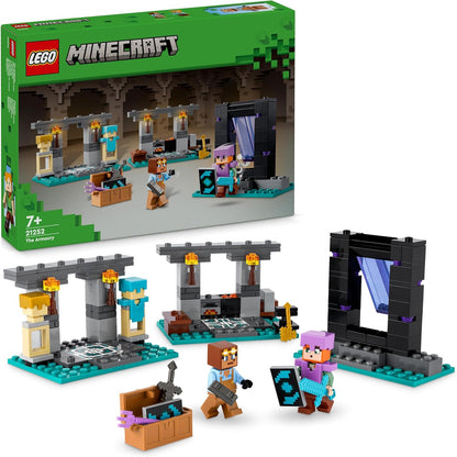 LEGO Minecraft The Armory Building Toys para crianças, meninos e meninas a partir de 7 anos, apresentando figuras de personagens, incluindo Alex com uma espada de diamante e conjunto de armas