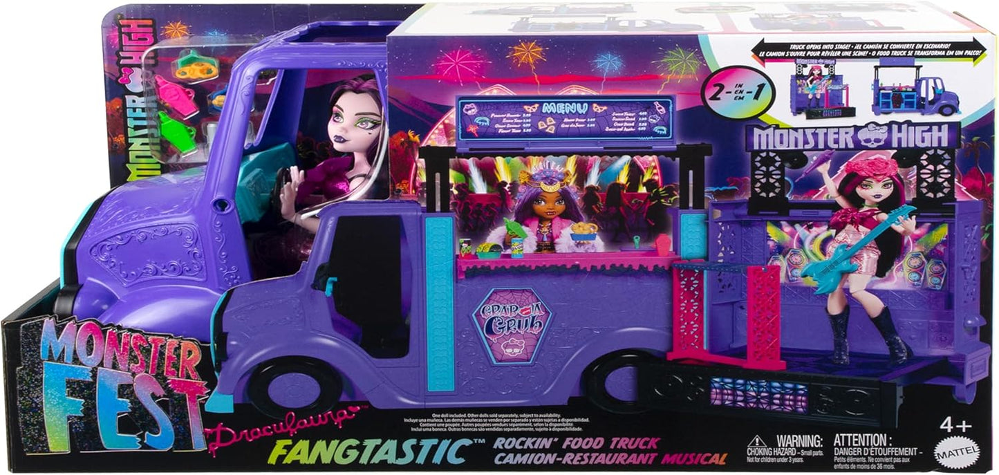 Monster High Boneca e playset Draculaura, Fangtastic Rockin’ Food Truck com transformação de palco removível e mais de 13 acessórios temáticos de comida e música, HXH83