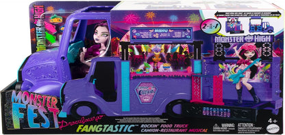 Monster High Boneca e playset Draculaura, Fangtastic Rockin’ Food Truck com transformação de palco removível e mais de 13 acessórios temáticos de comida e música, HXH83