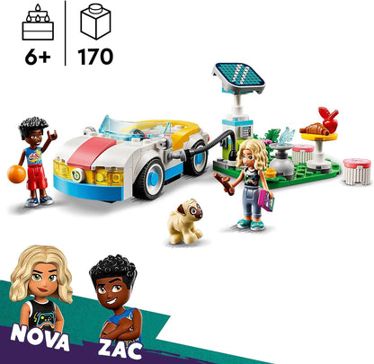 LEGO Carro elétrico e carregador Friends, brinquedo de veículo ecológico para meninas, meninos e crianças de 6 anos ou mais, conjunto de aventura de dramatização com personagens de miniboneca Nova e Zac e uma figura