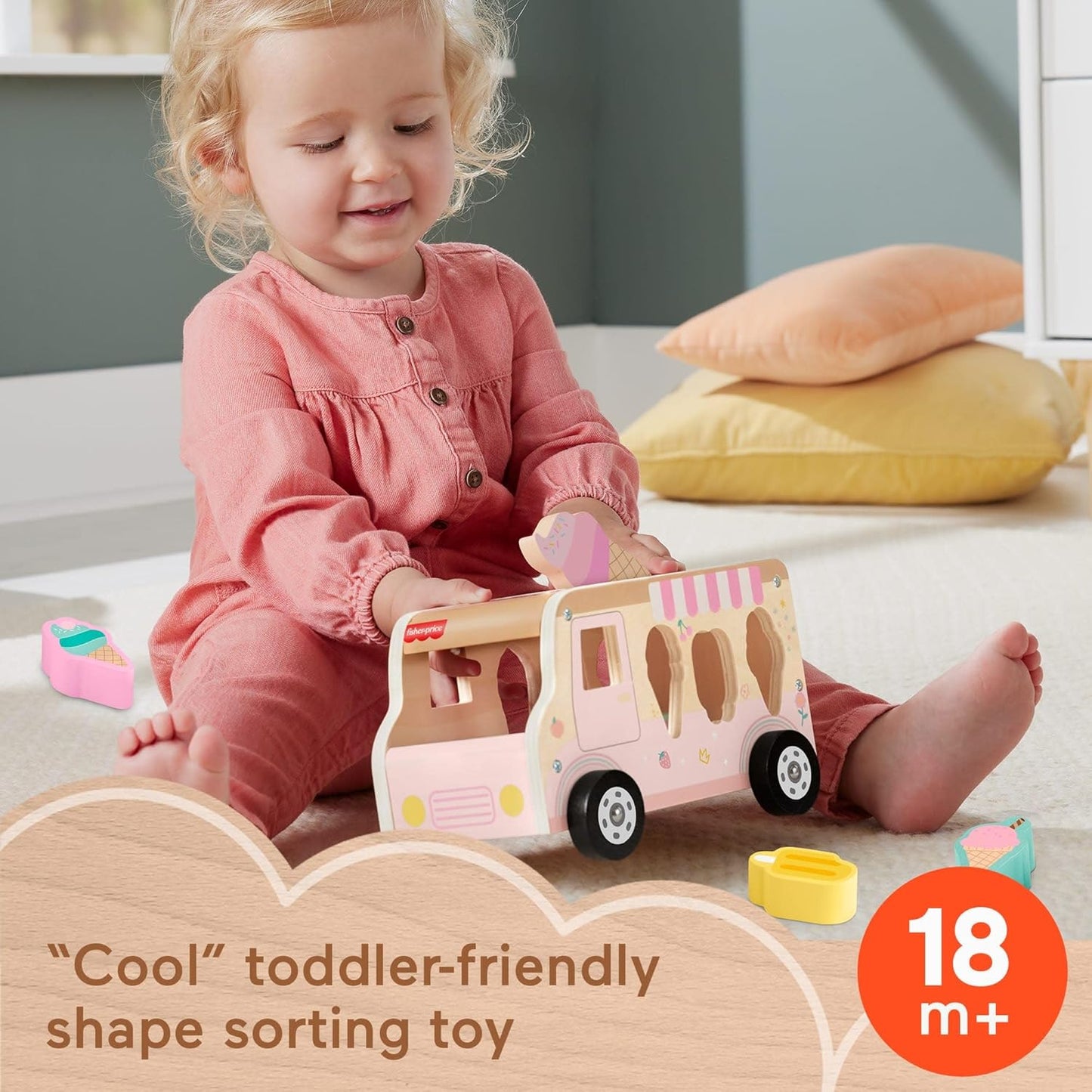 Fisher-Price Conjunto de brinquedos de classificação em forma de criança caminhão de sorvete de madeira, 8 peças de madeira para brincadeiras de desenvolvimento, maiores de 18 meses