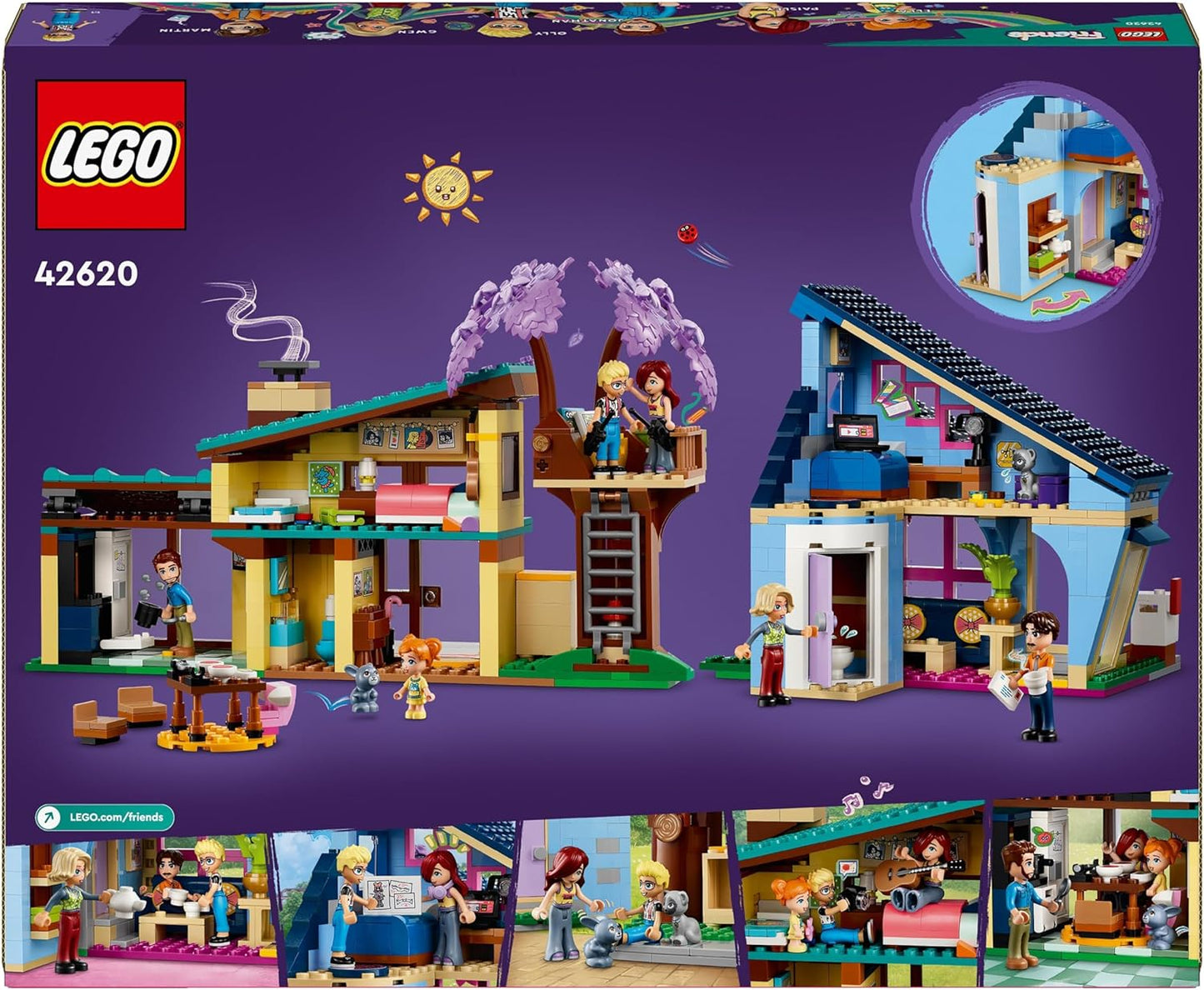 LEGO Casas de família dos amigos Olly e Paisley, conjunto de casa de bonecas de brinquedo para meninas, meninos e crianças de 7 anos ou mais com personagens de miniboneca, acessórios e brinquedos de estimação para dramatização, presentes de aniversá