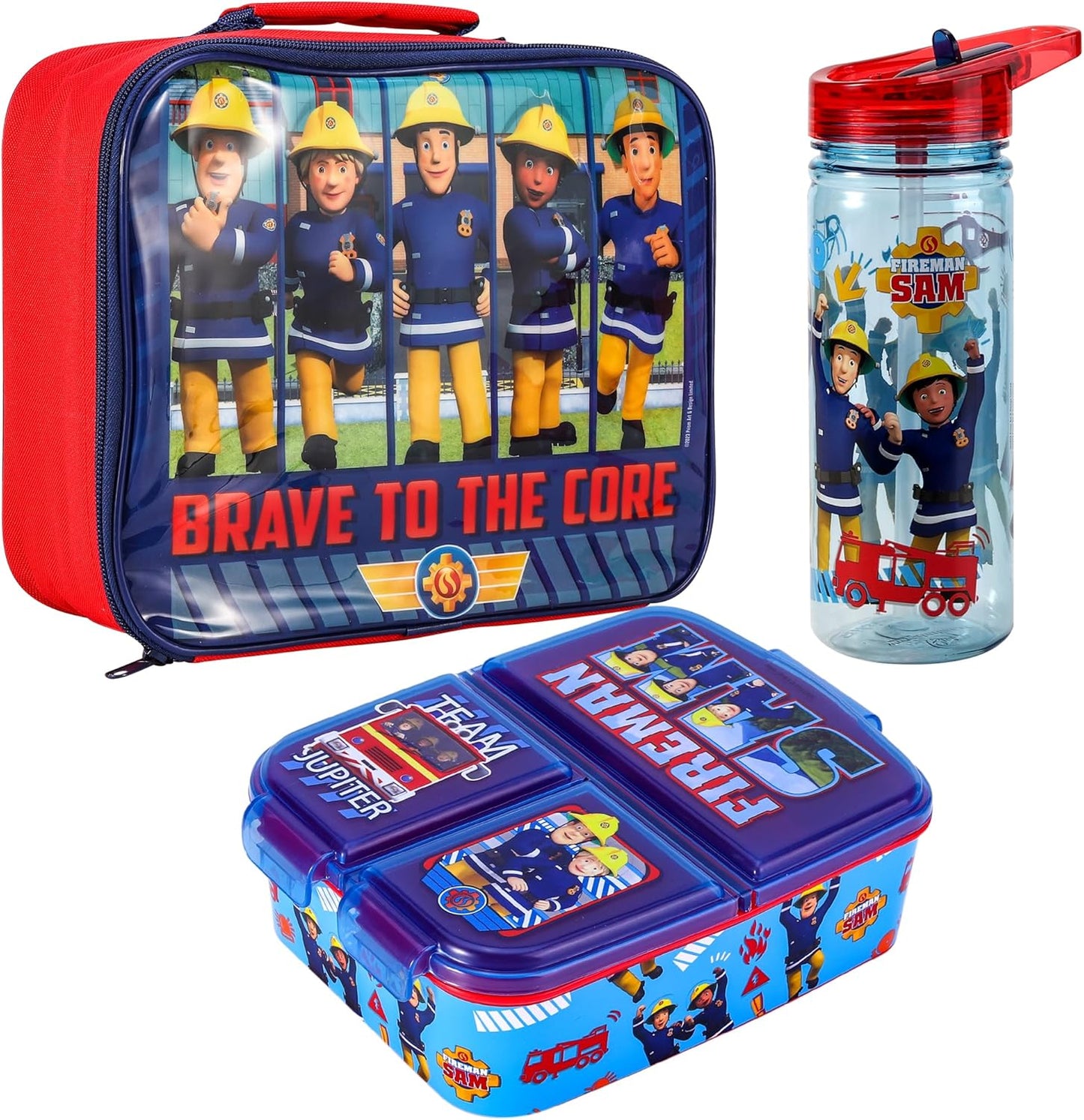 Zawadi Global Conjunto de lancheira infantil Fireman Sam Kids - lancheira isolada, lancheira com vários compartimentos e garrafa de água de 580 ml - conjunto de comida para almoço de viagem escolar, sem BPA