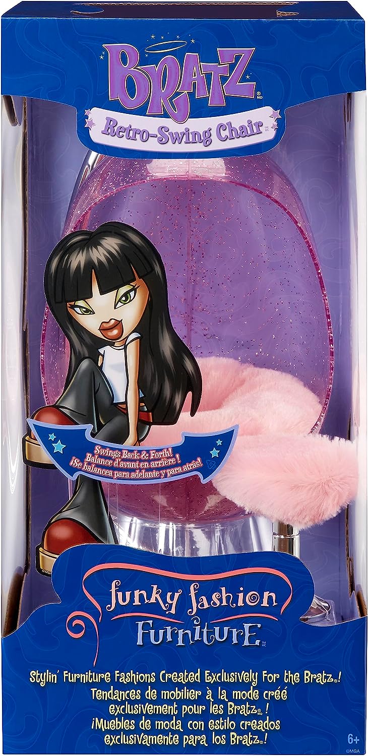 Bratz Conjunto de jogos e display de cadeira de balanço retrô com móveis de moda descolados com apoio para os pés, balanços para frente e para trás, cabe em bonecas de até 30 cm de altura, nostalgia Y2K, colecionadores de 6 7 8 9 10+