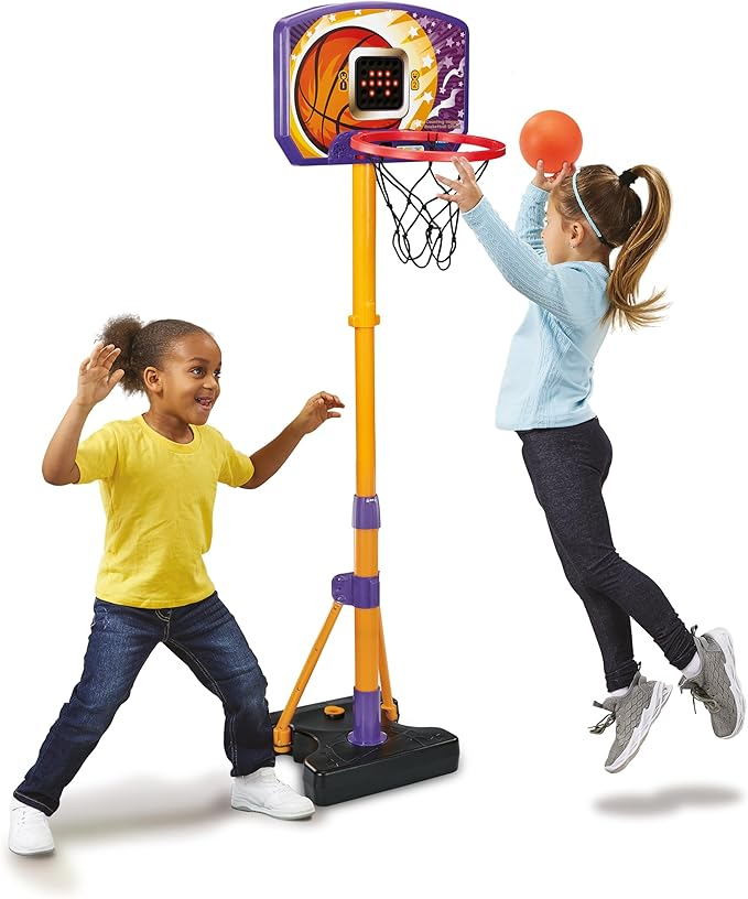 VTech Suporte de basquete Counting Hoops, suporte de basquete ajustável com tabela eletrônica e tela LED, 3 jogos, efeitos sonoros e show de luzes, brinquedo infantil para 3, 4, 5+ anos, versão em inglês