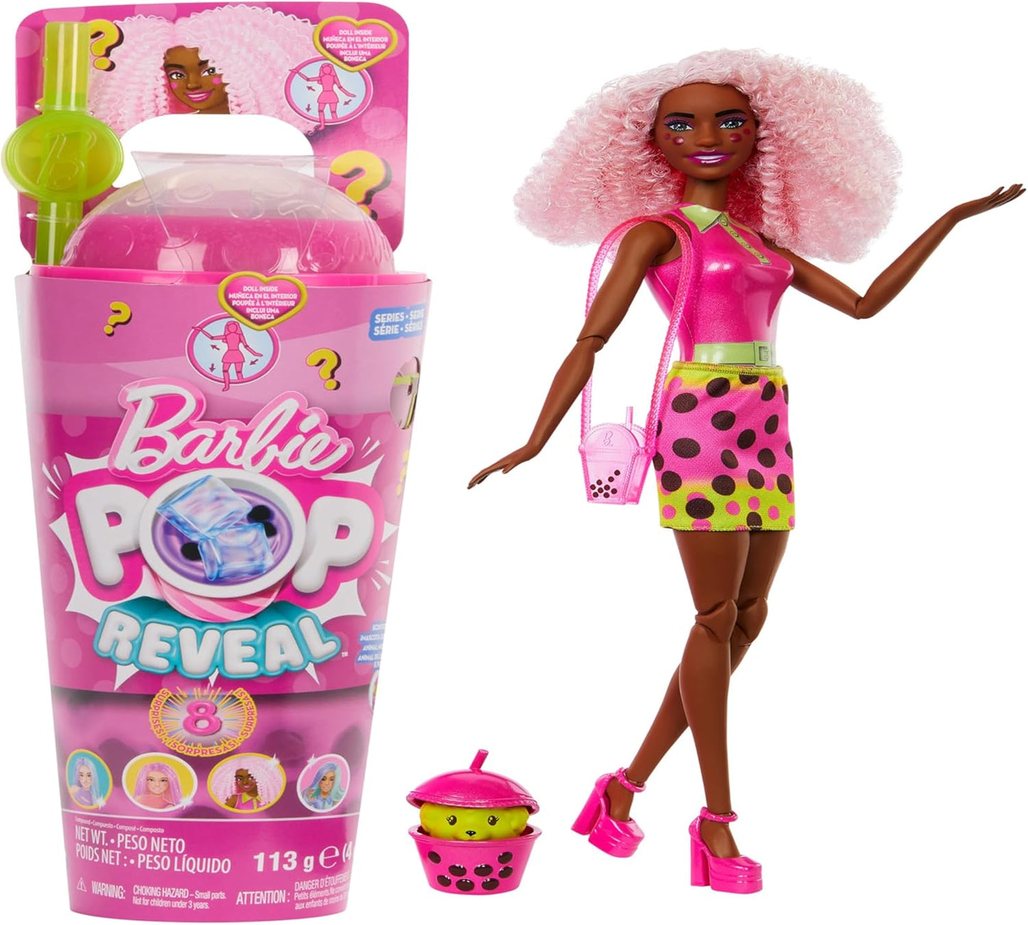 Barbie Boneca Pop Reveal Bubble Tea Series e acessórios com boneca fashion e animal de estimação, 8 surpresas incluem mudança de cor, copo com armazenamento (os estilos podem variar), HTJ20