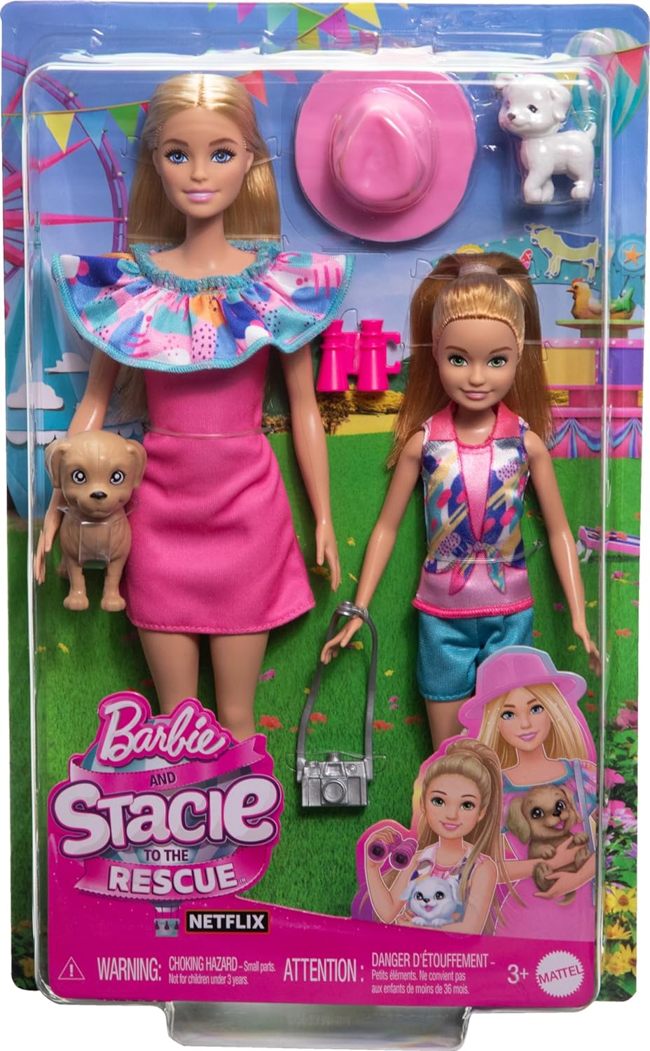 Barbie & Stacie Conjunto de bonecas com 2 cães de estimação e acessórios, bonecas com cabelos loiros e olhos azuis, roupas de verão, HRM09