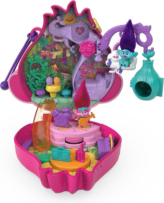 Polly Pocket e DreamWorks Trolls Playset compacto com bonecas Poppy e Branch e 13 acessórios, brinquedo colecionável inspirado em Trolls Band Together