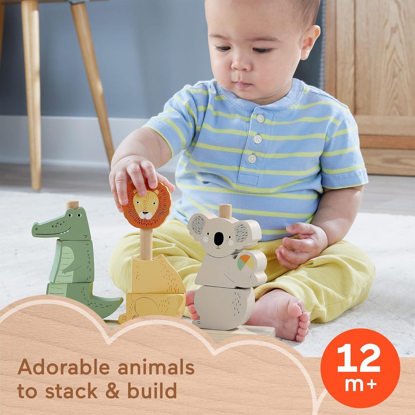 Fisher-Price Baby & Toddler Toy Wooden Stack & Sort Animals, 10 Wood Pieces for Developmental Play Ages 1+ Years,