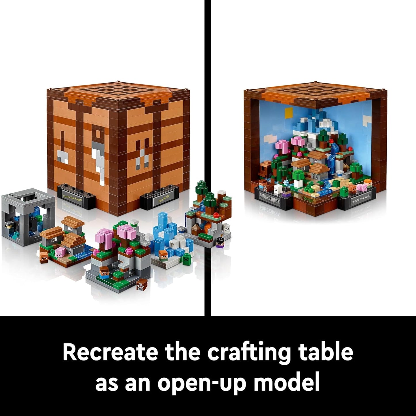 LEGO Minecraft The Crafting Table Model Kit para adultos construirem, conjunto de bioma com 8 personagens, incluindo Steve, Alex e Mobs, presente de jogador de aniversário de 15 anos para homens, mulheres,