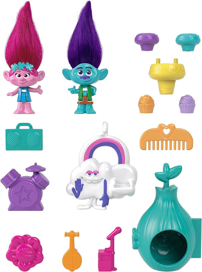 Polly Pocket e DreamWorks Trolls Playset compacto com bonecas Poppy e Branch e 13 acessórios, brinquedo colecionável inspirado em Trolls Band Together