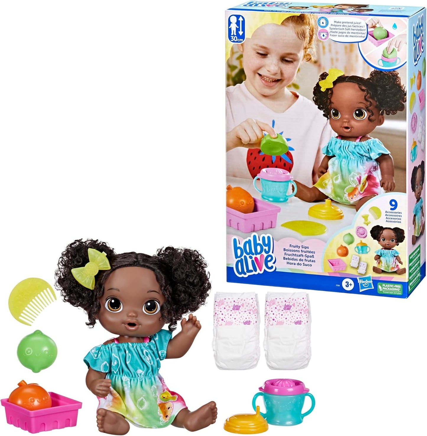 Muñeca Baby Alive Fruity Sips, lima, juego de muñeca exprimidora, bebidas y salsas, juguete para niños a partir de 3 años, pelo negro