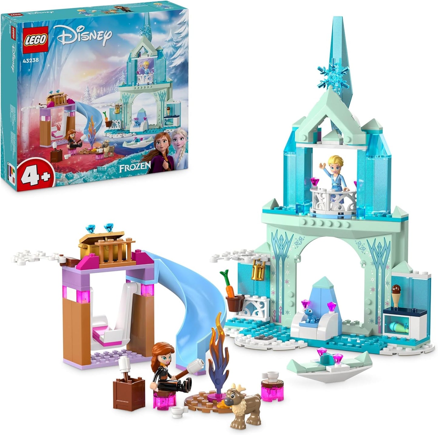 LEGO ǀ Brinquedo montável do castelo congelado da princesa Elsa da Disney para meninas e meninos de mais de 4 anos, inclui minibonecas da princesa Elsa e Anna e 2 brinquedos de animais, divertido presente de aniversário 43238