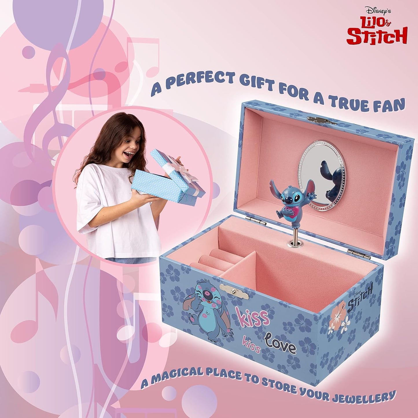 Disney - Joyero Musical Stitch &amp; Angel para Niñas | Licencia oficial | Melodía mágica de cuerda, marioneta giratoria | 18,5 cm largo x 12 cm ancho x 10 cm profundidad, azul, talla única, plástico