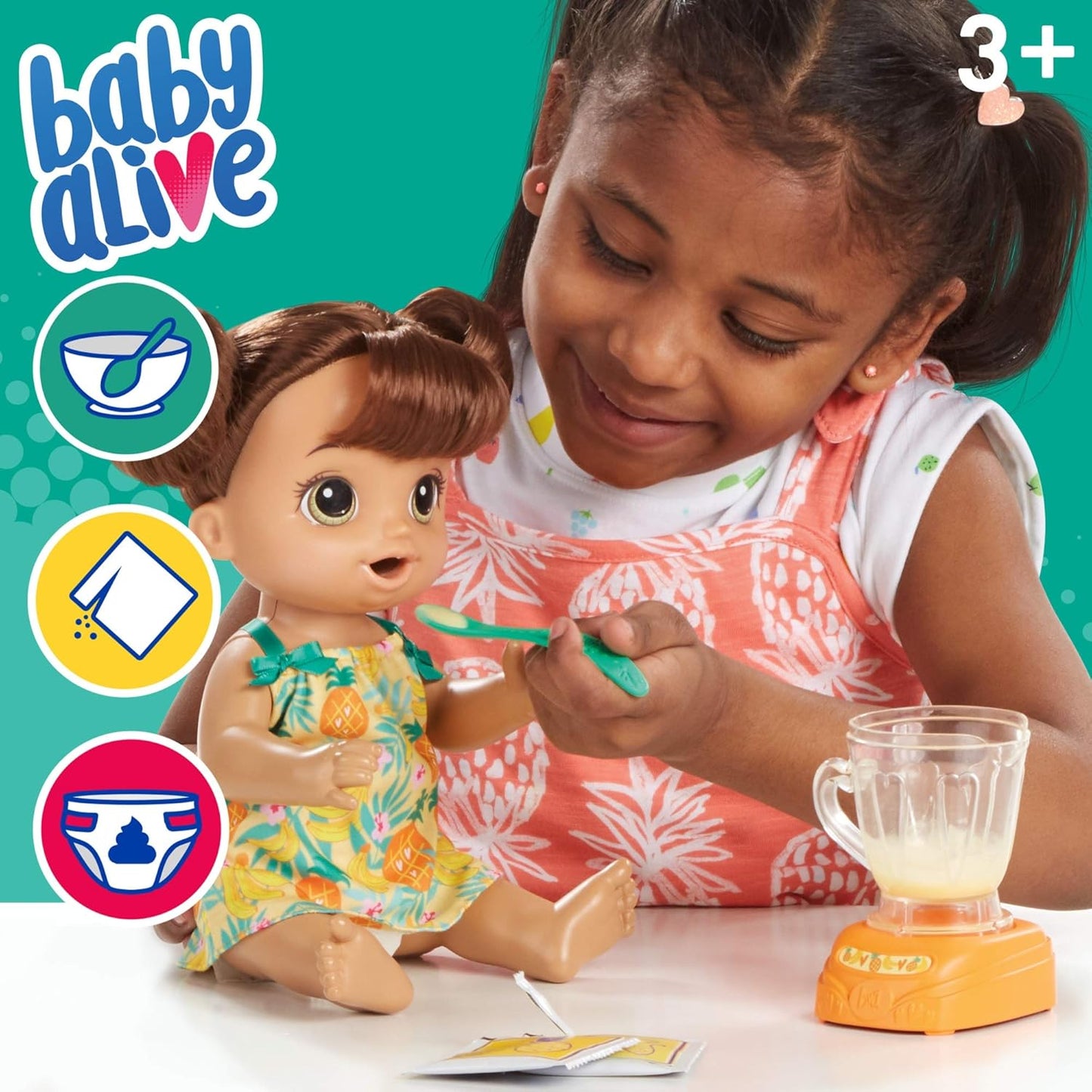 Muñeca Baby Alive Magical Mixer Tropical Treat con accesorios para licuadora, bebidas, remojos, comidas, juguete de cabello castaño para niños a partir de 3 años