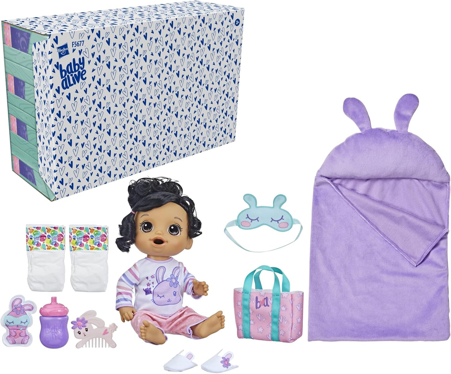 Baby Alive Bunny Sleepover Doll, muñecas de 12 pulgadas con tema de sueño, saco de dormir y accesorios para muñecas con temática de conejito, juguetes para niñas y niños de 3 años en adelante, cabello castaño (exclusivo de Amazon)