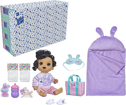 Baby Alive Bunny Sleepover Doll, muñecas de 12 pulgadas con tema de sueño, saco de dormir y accesorios para muñecas con temática de conejito, juguetes para niñas y niños de 3 años en adelante, cabello castaño (exclusivo de Amazon)