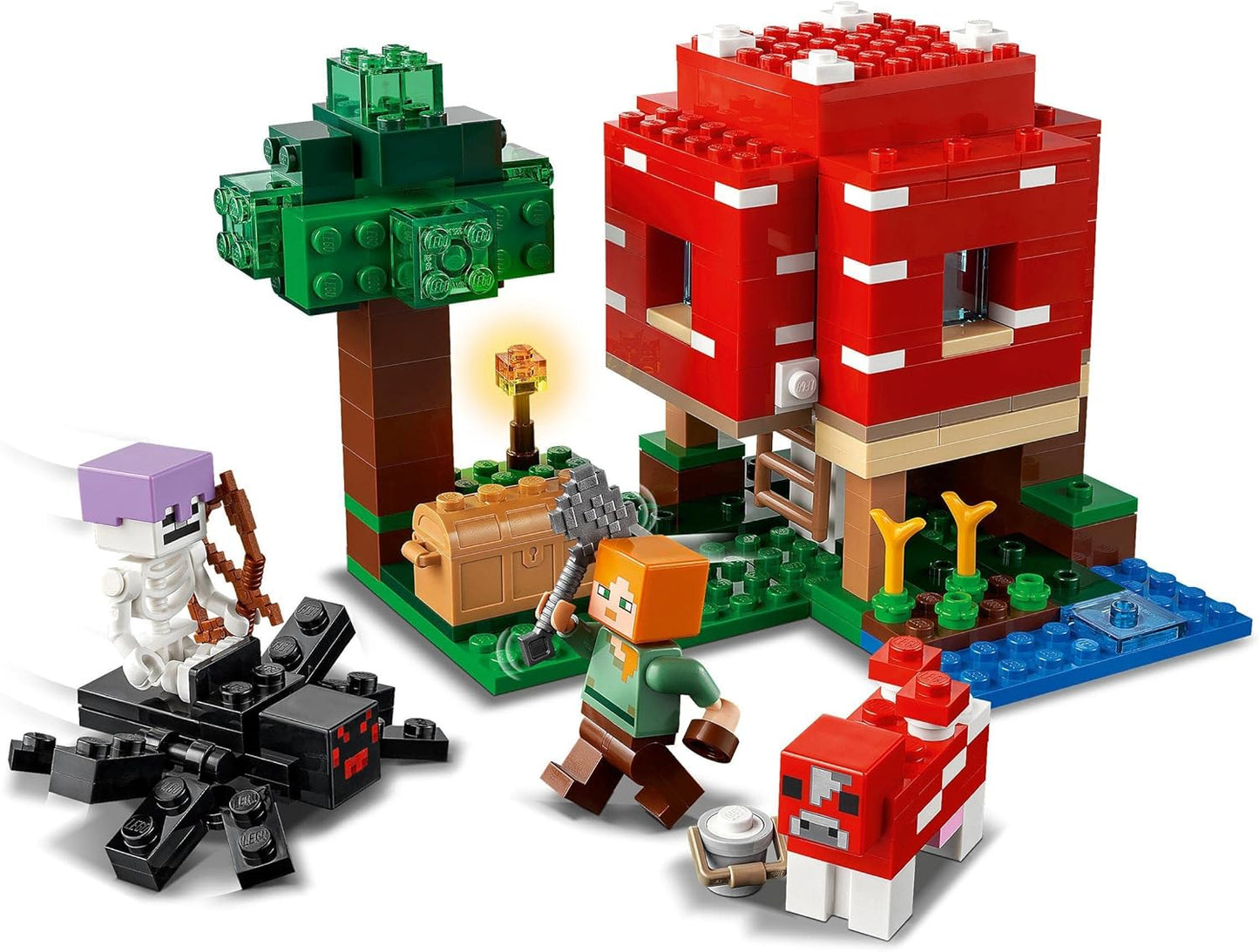 LEGO Conjunto Minecraft The Mushroom House, brinquedo de construção para crianças a partir de 8 anos, ideia de presente com figuras de Alex, Mooshroom e Spider Jockey