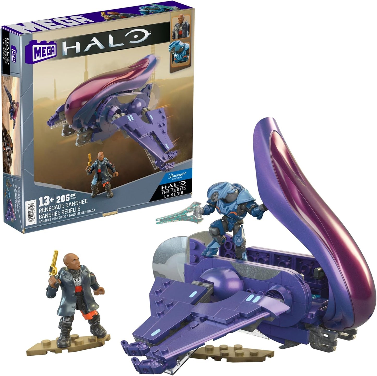 MEGA Conjunto de brinquedos de construção de veículos Halo The Series, aeronave Renegade Banshee com 205 peças, 2 micro figuras de ação, roxo, crianças e fãs