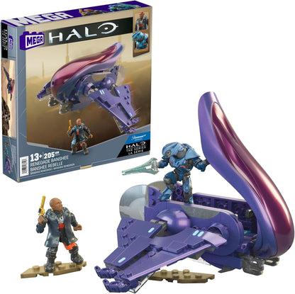 MEGA Conjunto de brinquedos de construção de veículos Halo The Series, aeronave Renegade Banshee com 205 peças, 2 micro figuras de ação, roxo, crianças e fãs