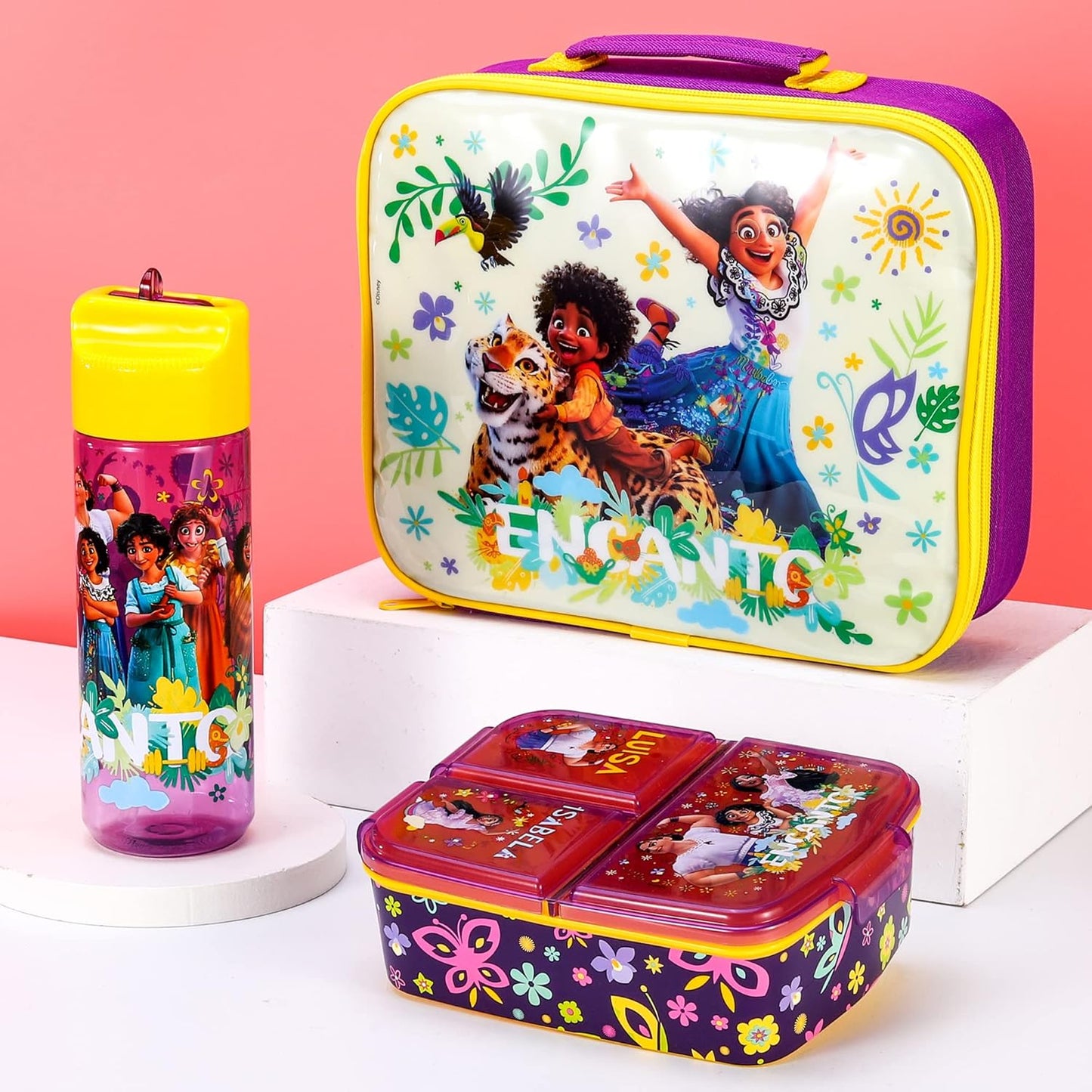 Zawadi Global Conjunto de lancheira infantil Encanto Kids - lancheira isolada, lancheira com vários compartimentos e garrafa de água de 540 ml - conjunto de comida para almoço de viagem escolar,