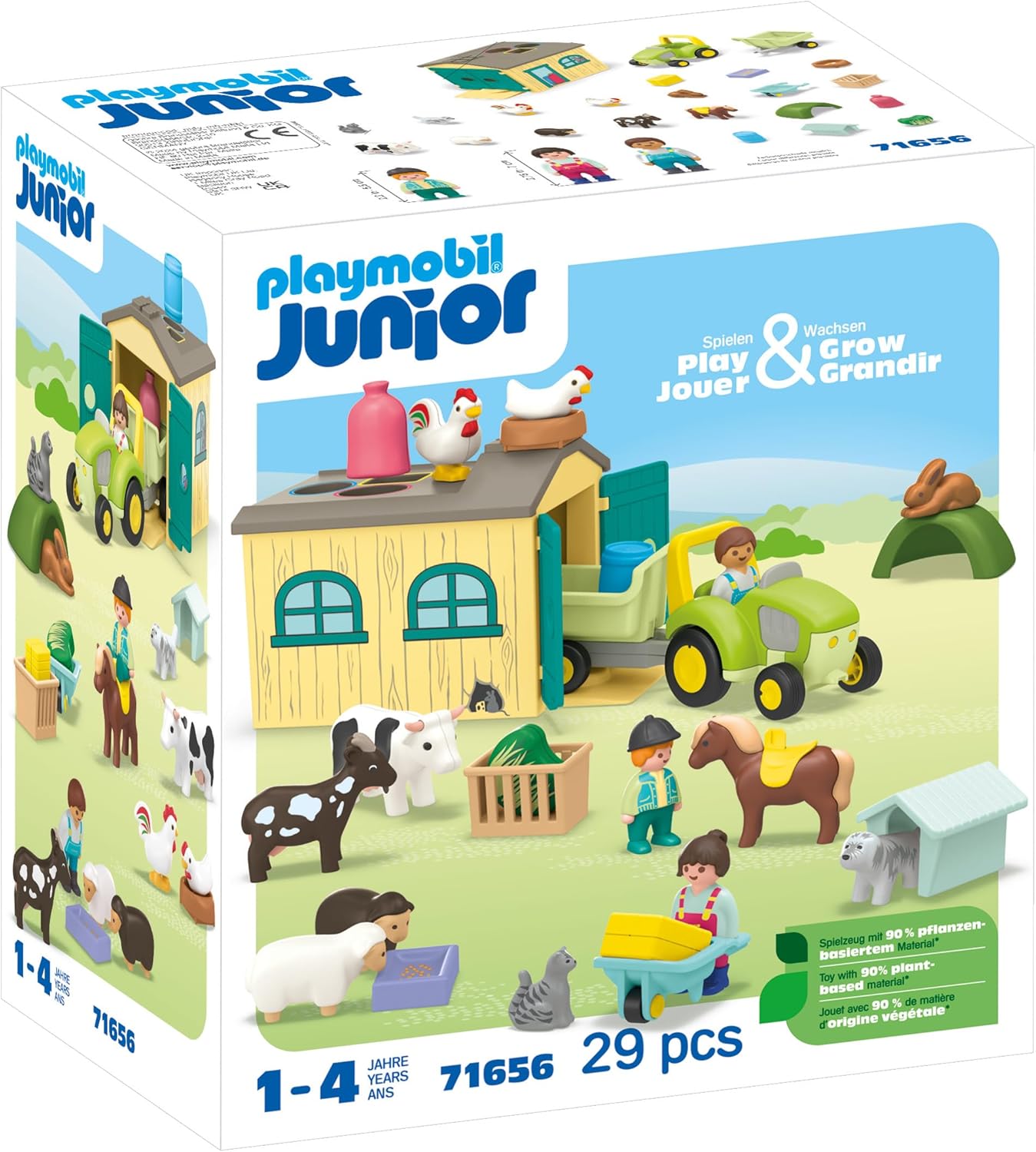 Playmobil 71656 JUNIOR: Farm Adventure com Trator, Trailer e Animal Friends, brinquedo educativo, feito com mais de 90% de plástico de origem vegetal