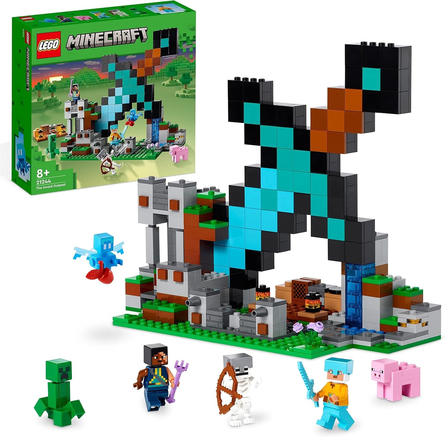 LEGO Minecraft The Sword Outpost Building Toy para crianças, com figuras de trepadeira, soldado, porco e esqueleto, presente para meninos e meninas com mais de 8 anos 21244