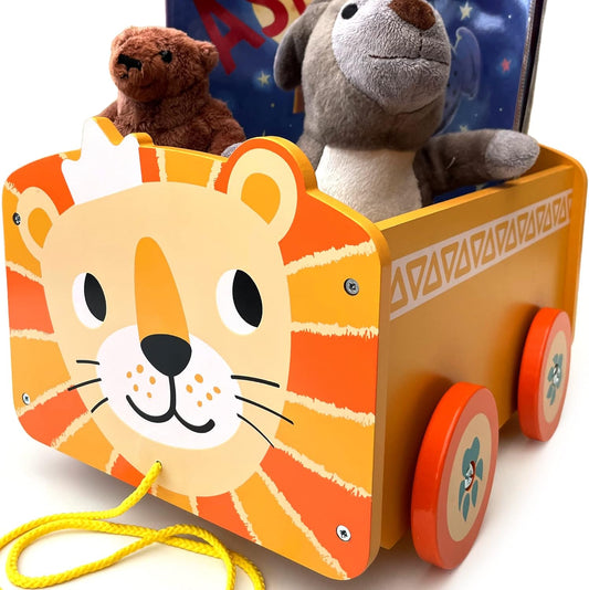 Bee Smart Caixa de brinquedos de madeira - Animal Leão | Carrinho pull along 2 em 1 e caixa de armazenamento sobre rodas para berçário ou quarto infantil | Troncos de bebê para brinquedos infantis