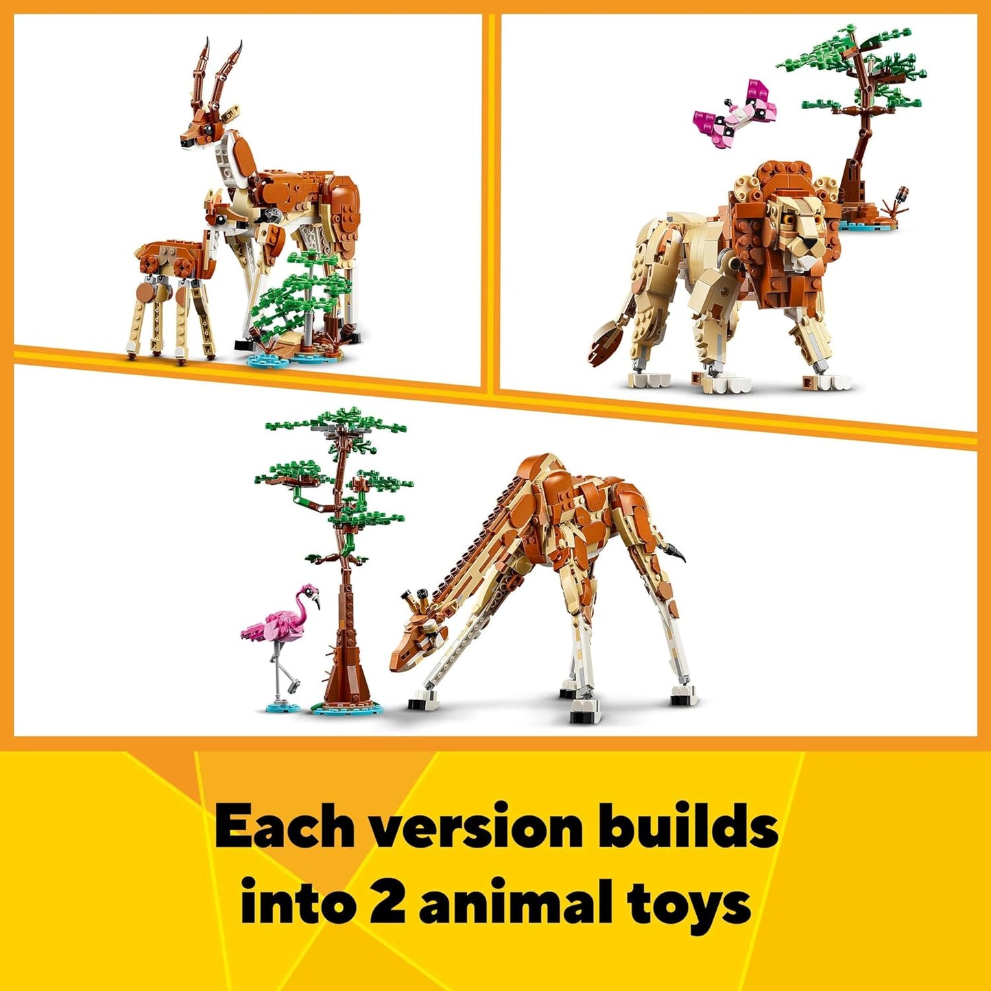 LEGO Criador 3 em 1 animais selvagens de safari, brinquedo de girafa para figuras de gazela para modelo de leão, conjunto para crianças, meninas e meninos de 9 anos ou mais, inclui flamingo e borboleta, presentes da natureza