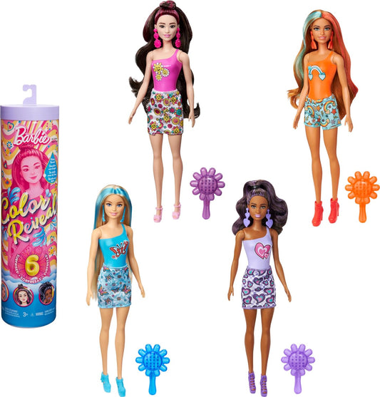 Barbie Boneca Color Reveal e acessórios com 6 surpresas de desempacotamento, série inspirada no arco-íris com corpete que muda de cor, temas dos anos 1960, HRK06