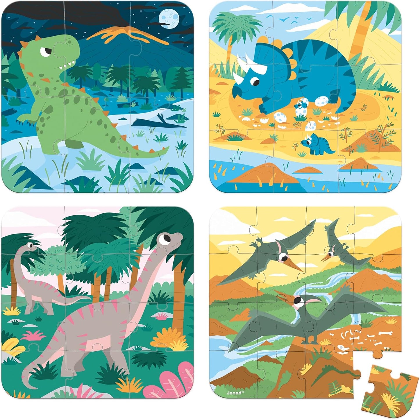 Janod - 4 puzzles de dinosaurios - Puzzle progresivo infantil - De 6 a 16 piezas - Desarrolla la paciencia y la destreza - Fabricado en Francia - Juego educativo para mayores de 24 meses,