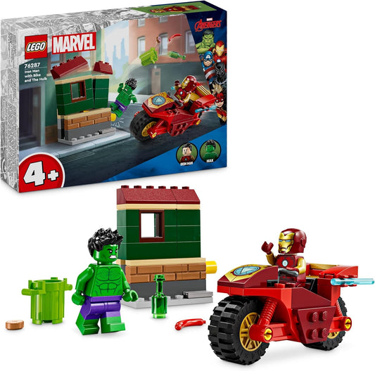 LEGO Marvel Iron Man con Bicicleta y Hulk, Juguete de Construcción de Superhéroe para Niños, Set Coleccionable con Vehículo y Minifiguras, Regalo para Niños y Niñas a Partir de 4 Años