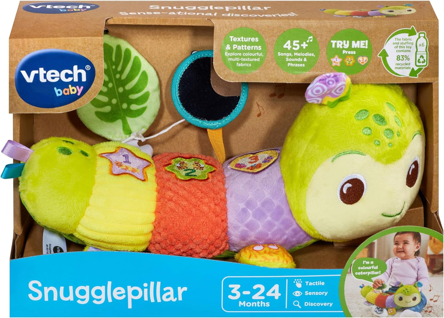 VTech Baby Cuddle Pillar, Juguete Sensorial Oruga con 7 Telas y Texturas, Canciones, 3 Botones Iluminados para Aprender Colores, Formas y Números, Peluche para Bebés 3, 6, 12, 18 Meses+, Versión en Inglés