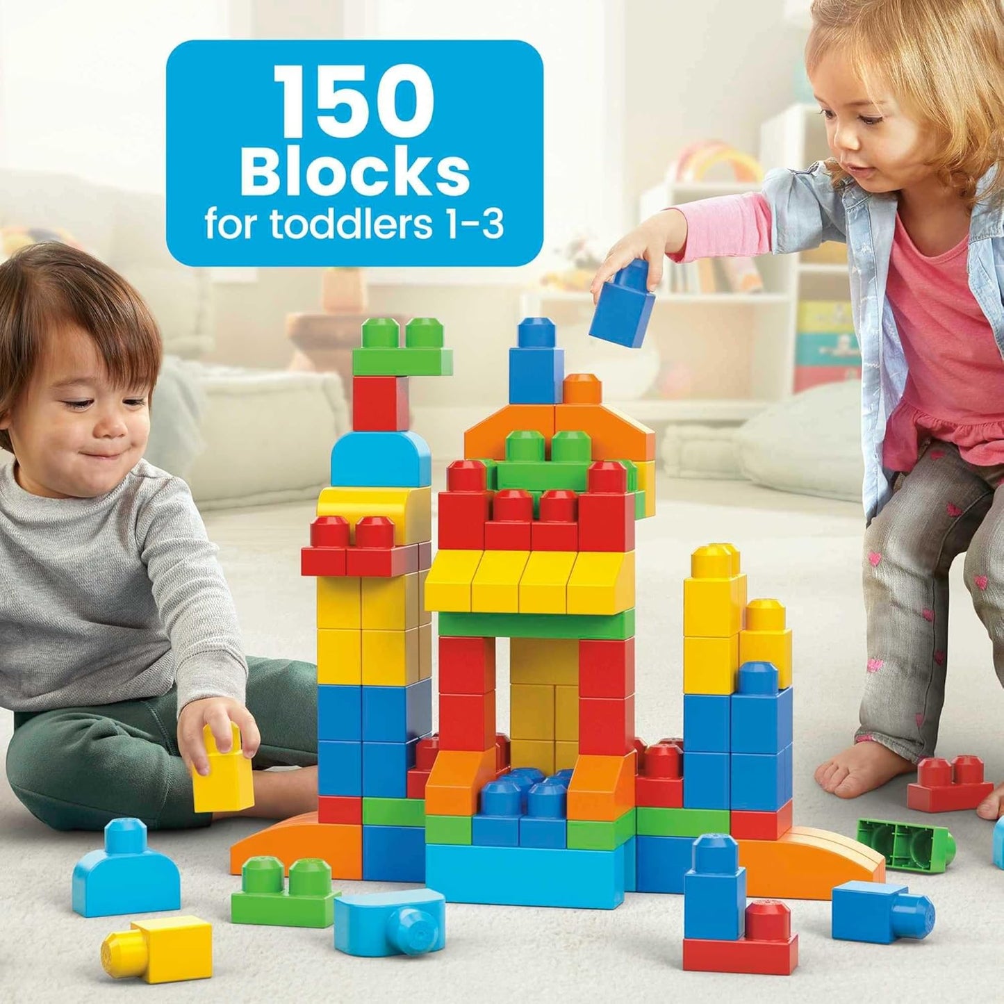 MEGA Conjunto de brinquedos de blocos infantis BLOKS First Builders, bolsa de construção de luxo com 150 peças e armazenamento, azul, maiores de 1 ano, CNM43