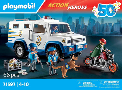 Playmobil 71597 Action Heroes: Police Money Transporter, thrilling heist chase, including three police officers, a crook on a motorcycle, and a police dog, play sets suitable for children ages 4+