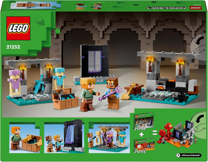 LEGO Minecraft The Armory Building Toys para crianças, meninos e meninas a partir de 7 anos, apresentando figuras de personagens, incluindo Alex com uma espada de diamante e conjunto de armas