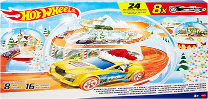 Hot Wheels Carrinhos de brinquedo, calendário do advento de 2024, 8 carrinhos Hot Wheels em escala 1:64, 16 acessórios com tema de inverno atrás de 24 portas numeradas e um tapete de brincar, HTG00