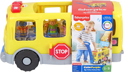 Fisher-Price Little People Brinquedo de aprendizagem para crianças, grande ônibus escolar amarelo com luzes, sons e palcos inteligentes, 4 figuras, maiores de 1 ano, GLT75