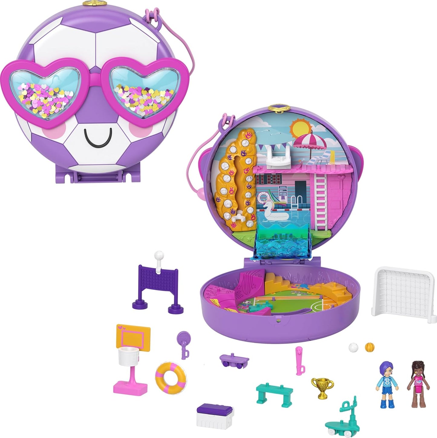 Polly Pocket Boneca e acessórios, compacto com bonecas Micro Bella e Friend, 5 revelações, time de futebol, HCG14