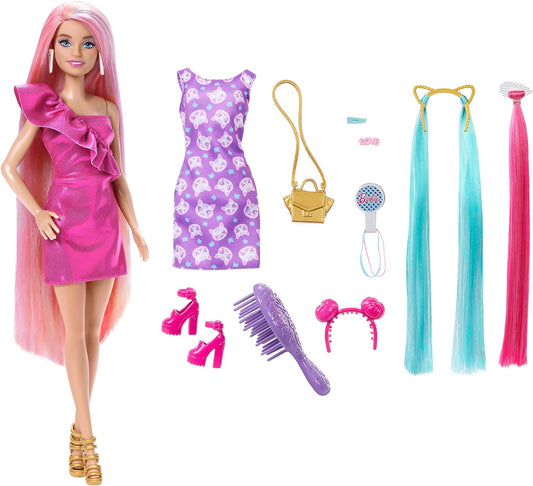 Barbie  Boneca, cabelo divertido e extravagante com cabelo loiro colorido extra longo e vestido rosa brilhante, 10 acessórios de cabelo e moda para brincar, HKT96