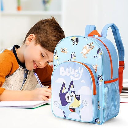 Bluey Mochila infantil premium mochila escolar mochila de viagem meninos meninas com bolso lateral de malha e bolso frontal com zíper