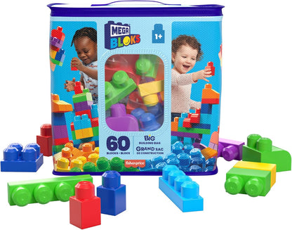 MEGA Conjunto de construção grande BLOKS Big Building Bag com 60 blocos de construção grandes e coloridos e 1 saco de armazenamento, conjunto de brinquedo para presente para maiores de 1 ano, DCH55