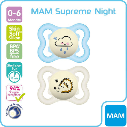 MAM Conjunto de chupetas noturnas Supreme com 2 chupetas luminosas para bebês para dentes saudáveis e desenvolvimento de mandíbula, evita irritação da pele, com caixa de manequim, 0-6 meses, nuvem/ouriço