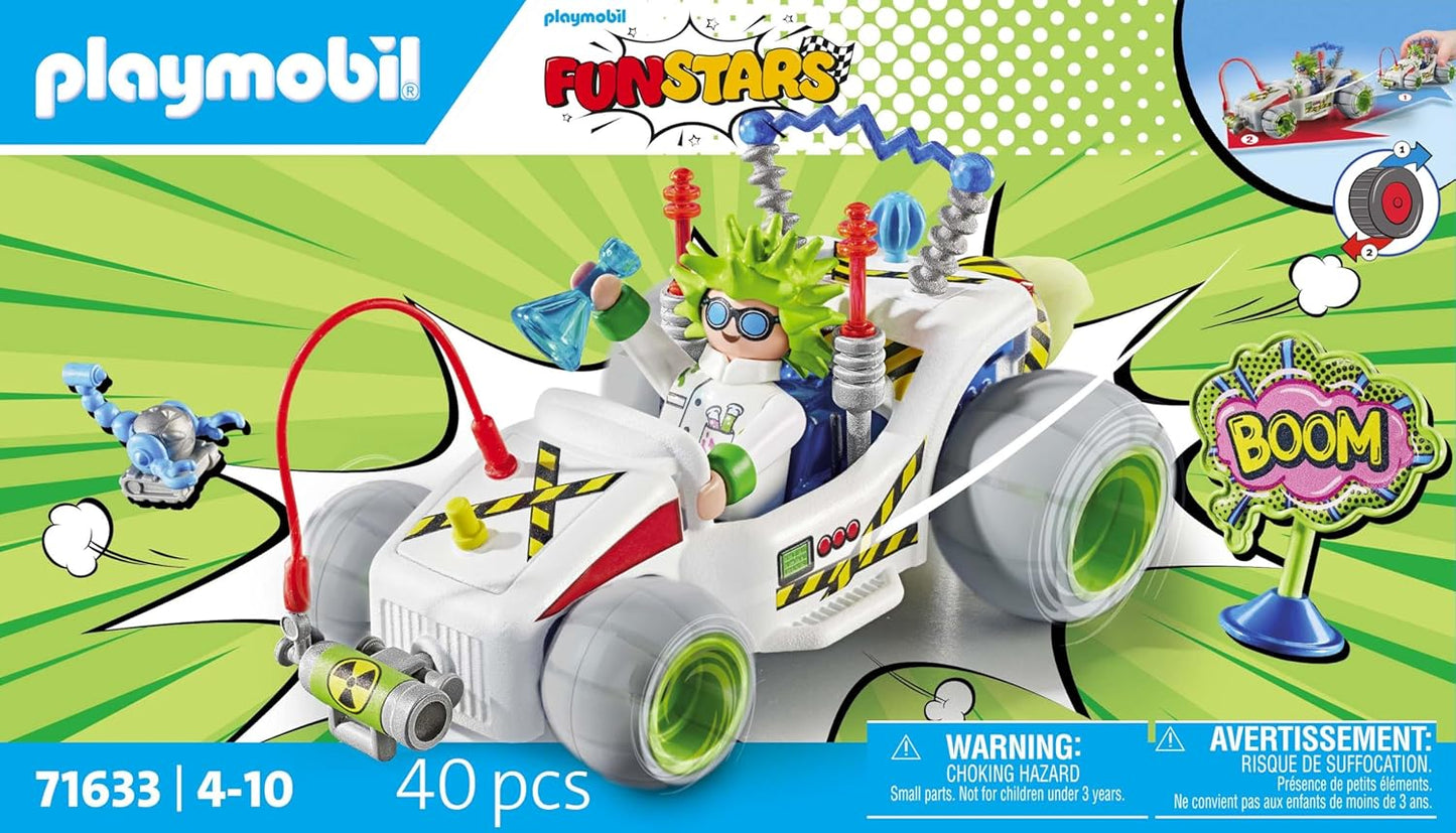 Playmobil 71633 Funstars: Racing Professor, kart com motor retrátil, conjunto dinâmico para corridas emocionantes, conjuntos detalhados adequados para crianças a partir de 4 anos