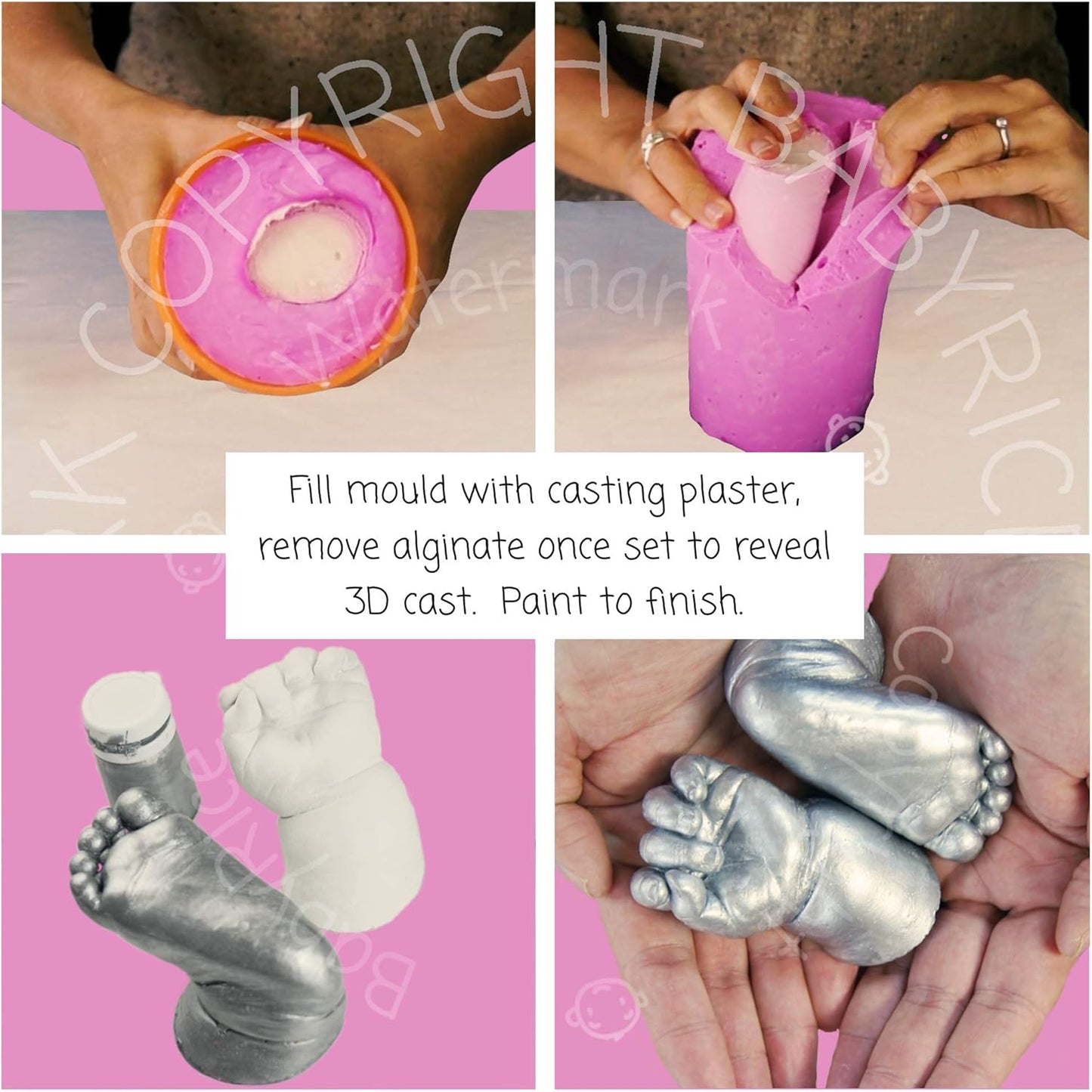 BabyRice Kit de moldagem 3D para bebês (prata) - Crie uma lembrança de mãos e pés de recém-nascidos | 500g de pó de moldagem de alginato, 800g de gesso, tinta metálica, instruções fáceis de seguir - por BabyRice